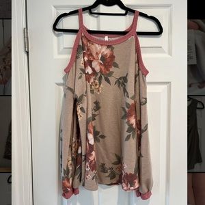 Beige/pink floral cold shoulder top